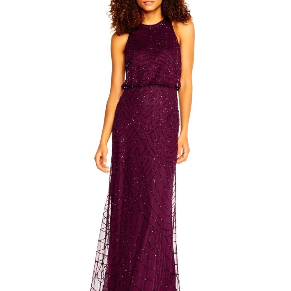 Adrianna Papell Womens Art Deco Beaded Blouson Dress with Halter Neckline, 18